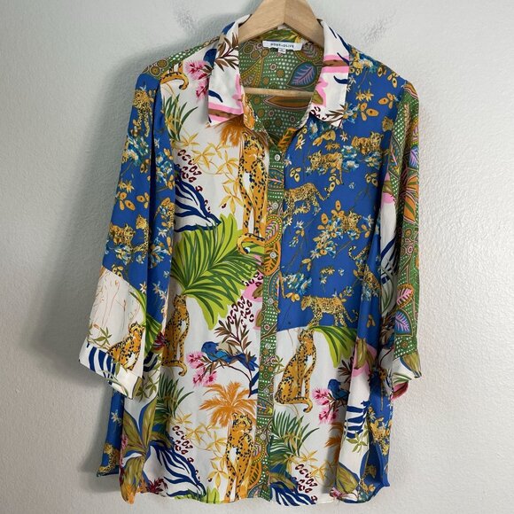 Rose + Olive Womens Plus 1X Tropical Leopard Animal Print Button Up Shirt Blouse - Picture 7 of 12